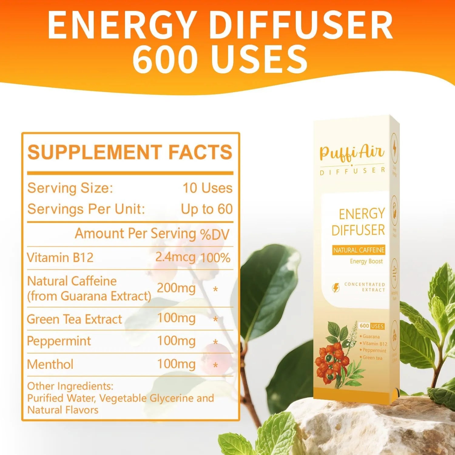 Energy Herbal Diffuser with Guarana, Green Tea Extract, Peppermint and Menthol Support for Energy Boost